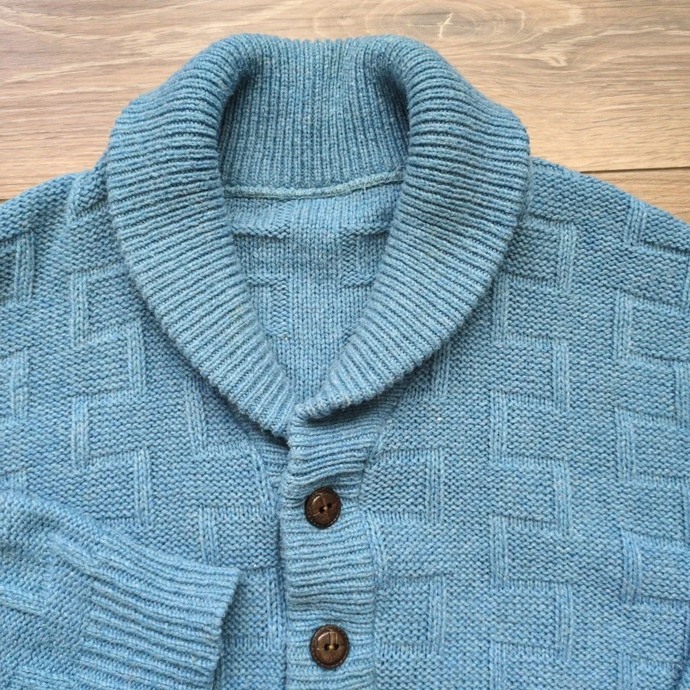 Vtg Shawl Collar Cardigan Blue‎ Basketweave Geometric Knit Button Sweater Size M